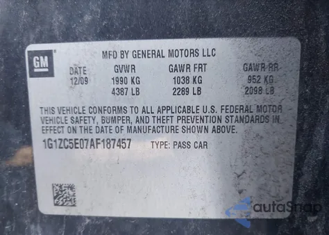 2010 Chevrolet Malibu Lt z USA, uszkodzony, nr VIN 1G1ZC5E07AF187457
